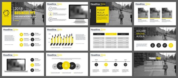 Żółte i czarne biznesowych prezentacji slajdów szablony z elementów infografikę. Mogą być używane do prezentacji ulotki i ulotki, broszura, marketing, reklama, sprawozdanie roczne, baner, broszury. - Wektor, obraz