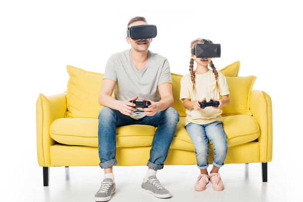family in virtual reality headsets playing video game isolated on white - Photo, Image