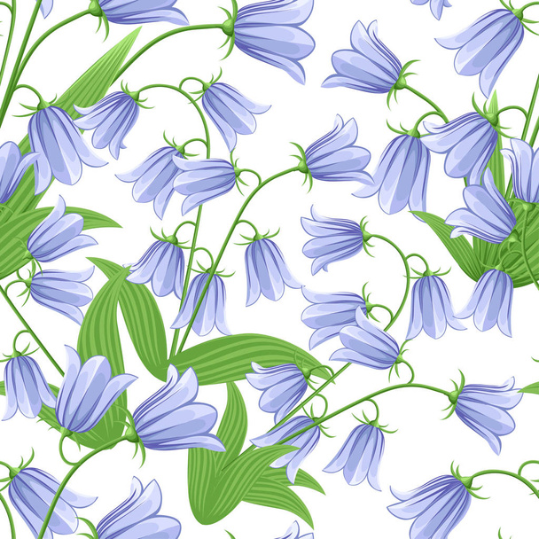 nahtloses Muster von Blauglocken. Blauglockenblumen mit grünen Blättern. Vektor-Illustration auf weißem Hintergrund - Vektor, Bild