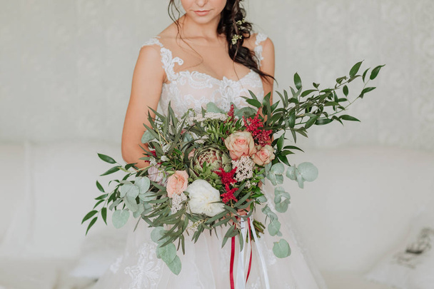 bride white dress luxurious bouquet decorated eucalyptus - Fotó, kép