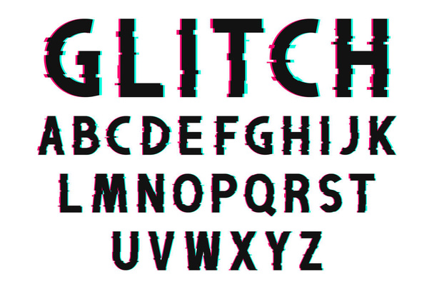 Glitch font with distorted effect in 80s and 90s style. Glitch english alphabet with tv screen noise effect - Vector, Image