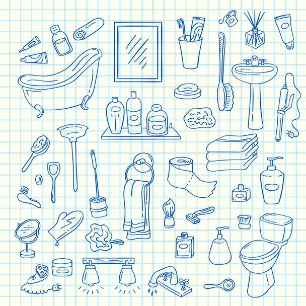Vector set of hand drawn doodle bathroom elements on blue cell sheet illustration - Vektori, kuva
