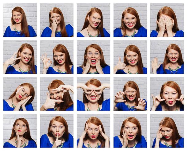 レンガの壁の若い赤毛の女性の表情 - 写真・画像