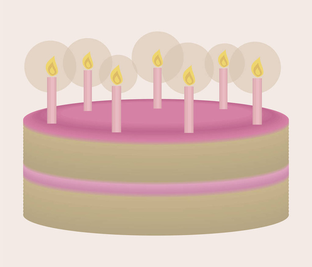 cake vector celebratory with cream beautiful pink birthday burning candles on a light pink background illustration - Vecteur, image
