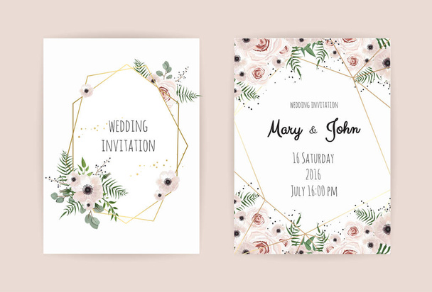 結婚式の招待状、招待状、エレガントなピンクのバラのデザイン、アネモネ、枝の葉、かわいいゴールデンの幾何学模様。ベクトル テンプレート セット - ベクター画像