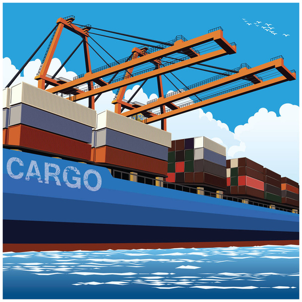 Loading of containers by large port cranes - Vector, Image