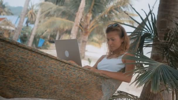 Woman freelancer works on the beach in hammock - Materiaali, video