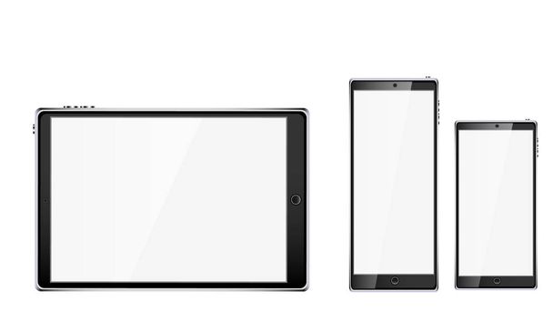Černá realistická mobilní chytrý dotykový tablet počítač a dva mobilní telefony, smartphone s lesklými prázdná obrazovka s kopií prostor izolovaných na bílém pozadí. Vektorové ilustrace - Vektor, obrázek