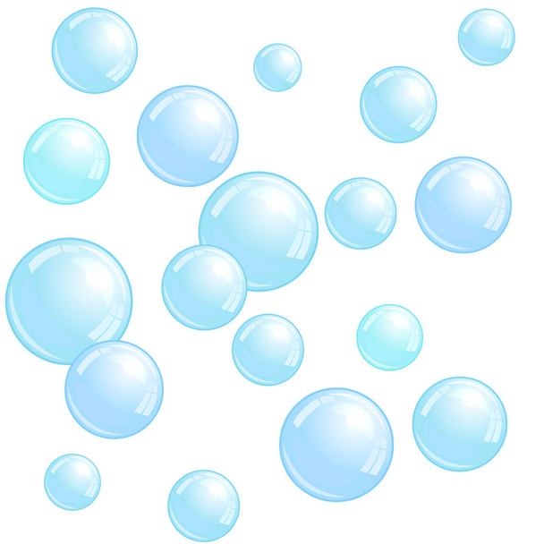 Zeepbellen, realistische water kralen, blauwe vlekken, vectorillustratie schuim bol - Vector, afbeelding