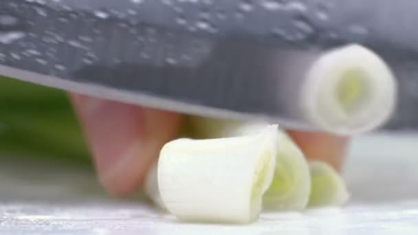 Corte as cebolas verdes com uma faca no tabuleiro. Cortar verde sem as mãos na moldura. Chef corta os ingredientes para a sopa. Fechar
 - Filmagem, Vídeo