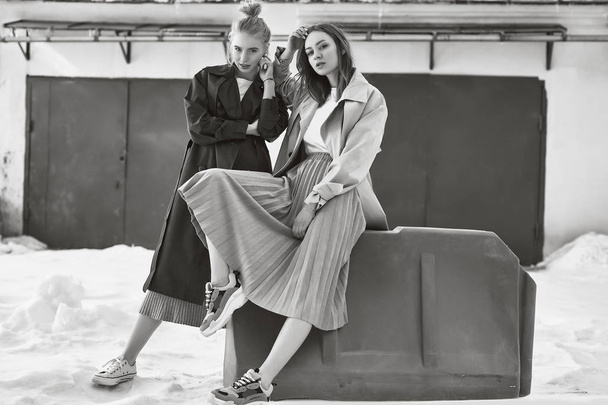 Couple beautiful hipster girls wearing long fashion coats on the - Photo, Image