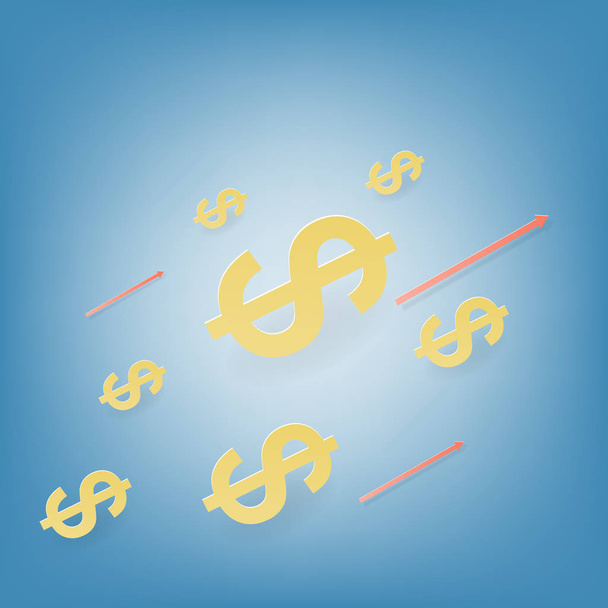 Χρυσό σύμβολο δολαρίου και βέλη βέλος Μεγαλώνοντας σε μπλε φόντο έννοια για την χρηματοδότηση και επιχειρηματική επιτυχία διανυσματικά εικονογράφηση τέχνη χαρτί  - Διάνυσμα, εικόνα
