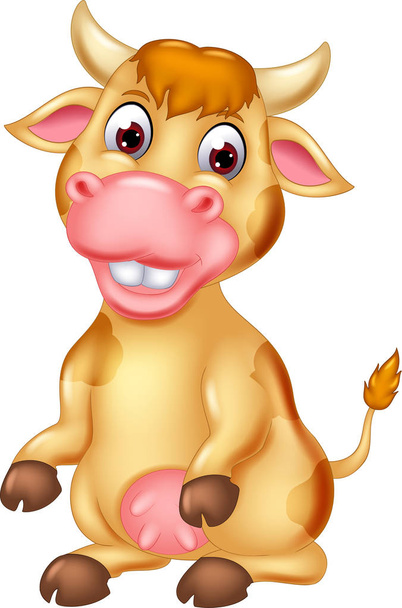 sweet cow cartoon sitting with laughing and waving - Vector, Image