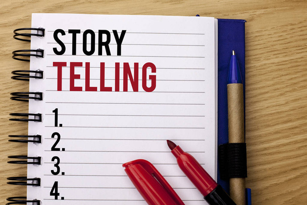 Handwriting text writing Story Telling. Concept meaning Tell or write short Stories Share Personal Experiences written on Notebook Book on the wooden background Marker and Pencil next to it. - Photo, Image