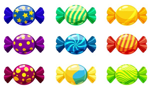 Una serie di caramelle dolci in un pacchetto di colori diversi, vettore. Illustrazione di stile cartone animato, isolato
 - Vettoriali, immagini