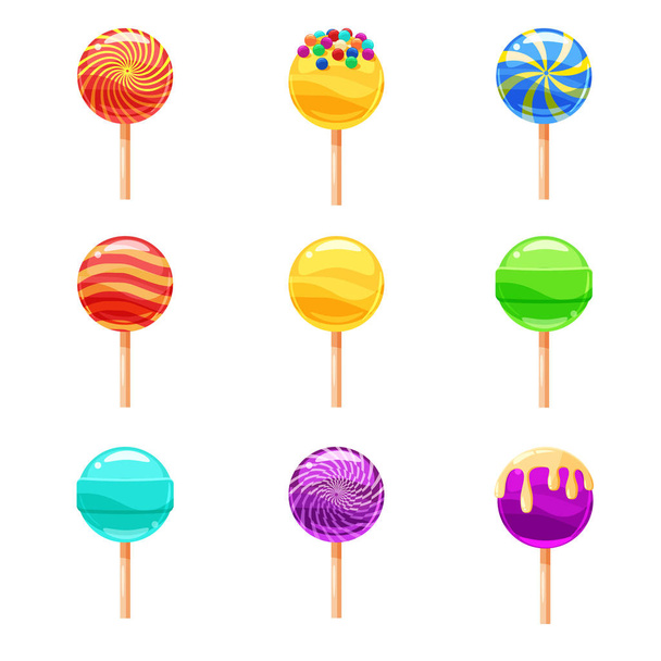 Set of colorful lollipops, sweet candies, vector illustration, cartoon style - Vetor, Imagem