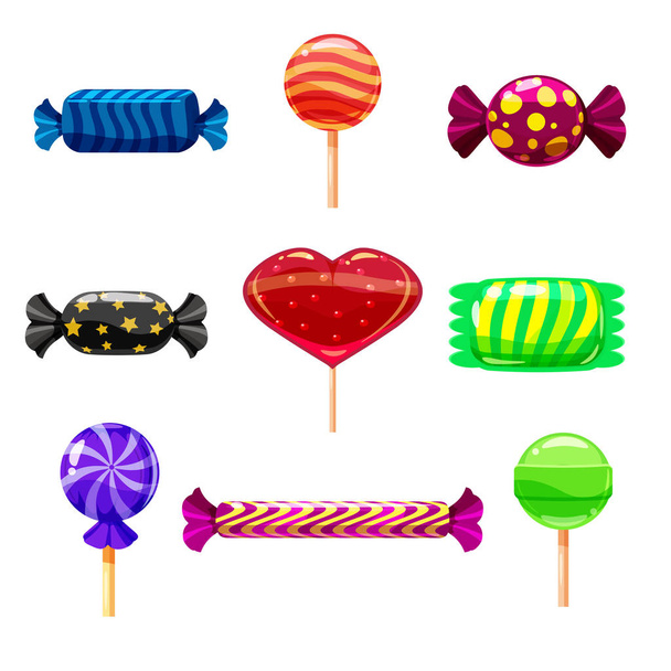 Set einzelner Cartoon-Bonbons, Lutscher, Süßigkeiten. Illustration, isoliert auf weiß. Cartoon-Stil - Vektor, Bild