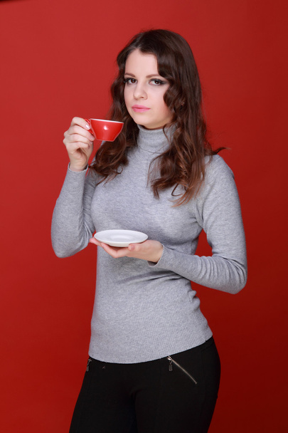 Woman with cup tea - 写真・画像