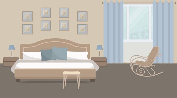 Dormitorio en color beige. Hay una cama con almohadas azules, mesitas de noche, una mecedora sobre un fondo de ventana en la imagen. También hay imágenes en la pared. Ilustración vectorial
. - Vector, imagen