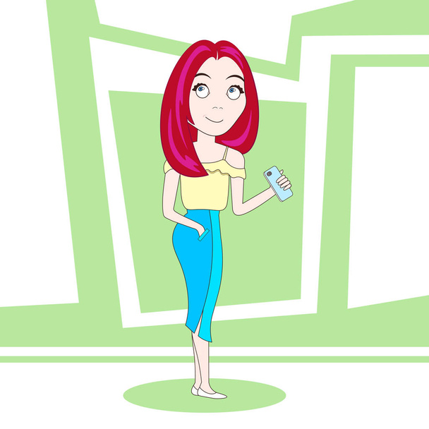 Cute Woman In Stylish Clothes Holding Cell Smart Phone Cartoon Character - Vector, Imagen