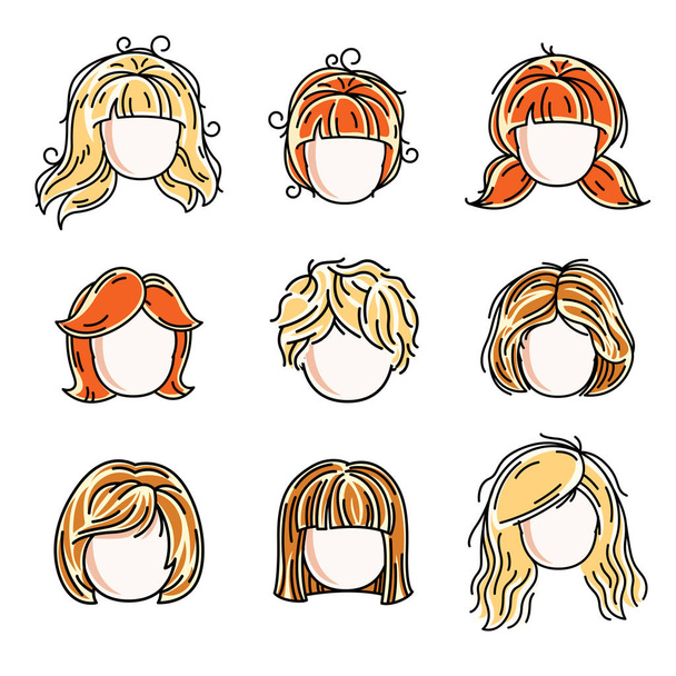 Collection of cute girls faces, vector human head flat illustrations. Set of red-haired and blonde teenage girls, little schoolgirls avatars clipart. - Wektor, obraz