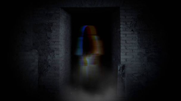 Ghost meisje in deuropening. Een verschrikkelijke spook. - Foto, afbeelding