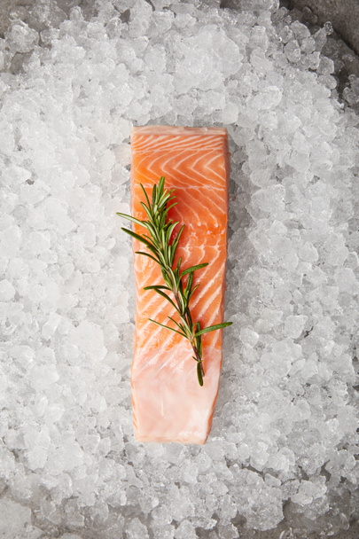 top view of slice of red fish with rosemary branch on crushed ice - Photo, Image