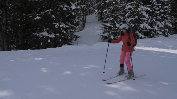 Sportliche junge Frau mit Skiern den Hang in den Bergen der Alpen hinunter - Filmmaterial, Video