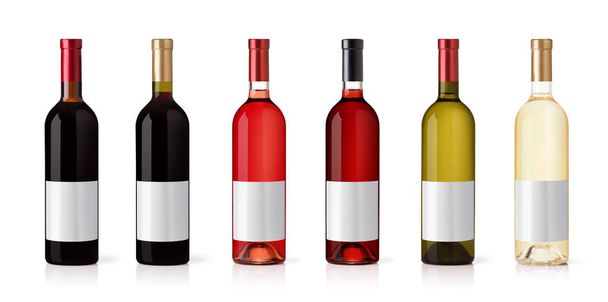 Ensemble de bouteilles de vin blanc, rose et rouge. isolé sur fond blanc
 - Photo, image