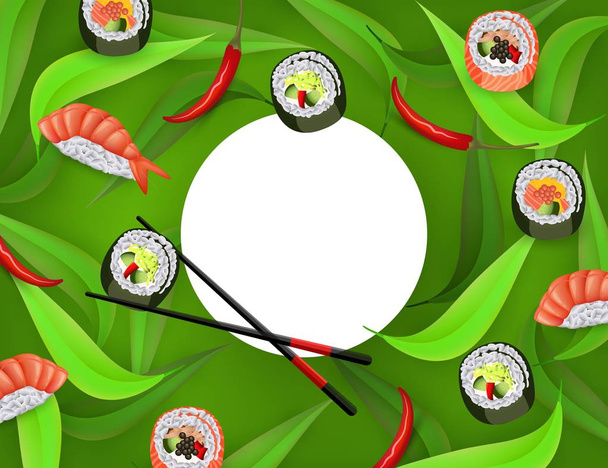 Sushi banner with rolls, chopsticks, shrimp ebi nigiri and chili pepper isolated on green background. - Вектор,изображение