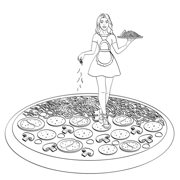 Process of cooking pizza. Isolated object on white background. Coloring for children - Vector, Image