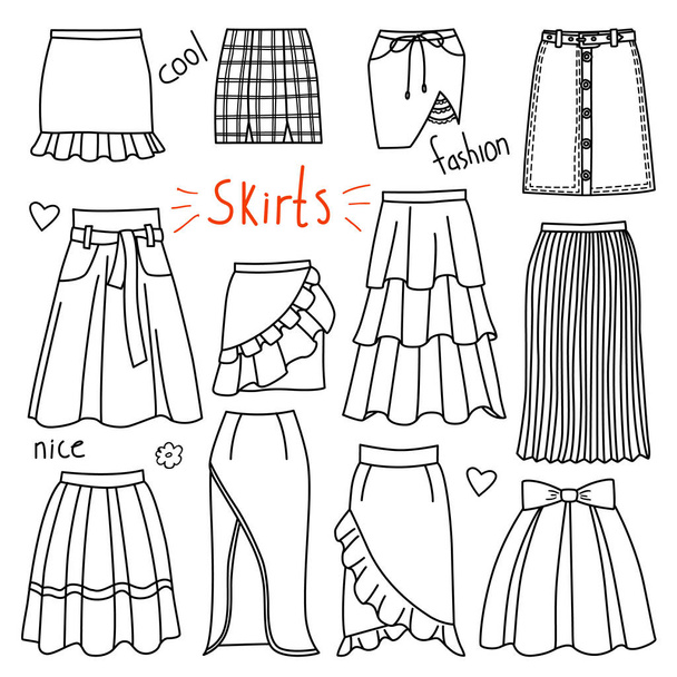 Set of hand drawn women clothes. Skirts - Vektor, Bild