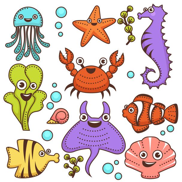Funny marine inhabitants with friendly faces. Blue jellyfish, small starfish, surprised seahorse, cheerful crab, green seaweed, bright fishes, big stingray and pink seashell vector illustrations. - Vector, Image