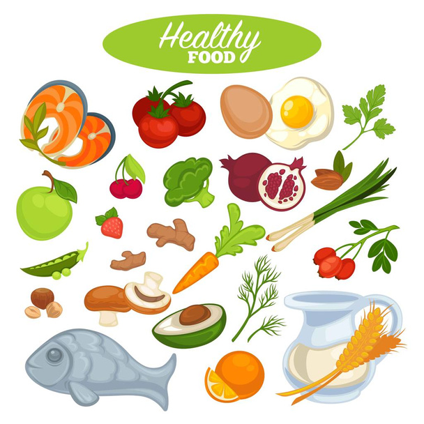 Healthy food poster or natural organic vegetables, fruits or fish. Vector design for health lifestyle vegan vtiamin nutrition and healthy food diet and vegetarian eating - Vektor, Bild