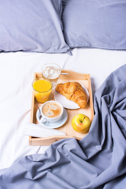 morning breakfast bed wooden tray coffee croissant - Photo, Image