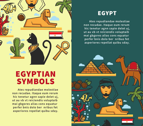 Egyiptom szimbólumok utazási cég promóciós függőleges plakátok-set. Híres építészet, régi emlékek, a sivatagban, a korallzátony, a helyi üzemek és a hagyományos étel beduin rajzfilm vektor illusztrációk. - Vektor, kép
