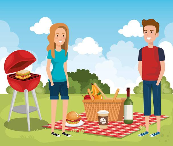 young people in picnic day scene - Vector, Image