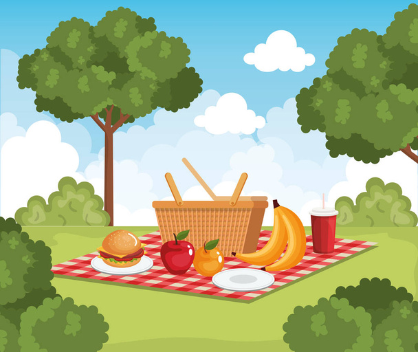 pöytävaatteet piknik ruoan kanssa kohtaus
 - Vektori, kuva