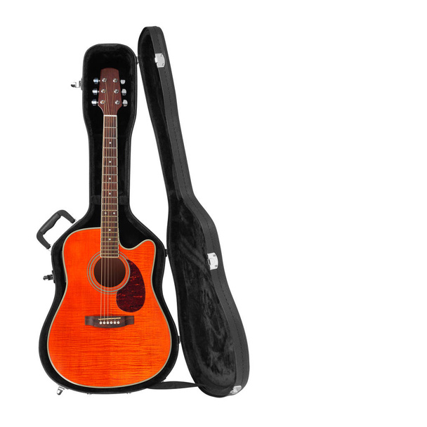 Hudební nástroj - oranžové akustická kytara těžkej případ samostatný w - Fotografie, Obrázek