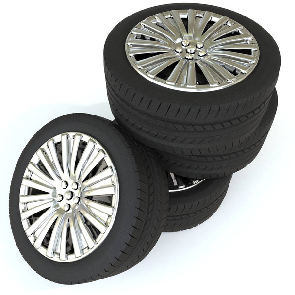 чотири колеса для автомобіля зі срібними дисками. 3d візуалізація
 - Фото, зображення