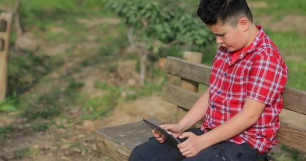 Portrét kavkazského dospívání s digitálním tabletovým počítačem v přírodě - Záběry, video