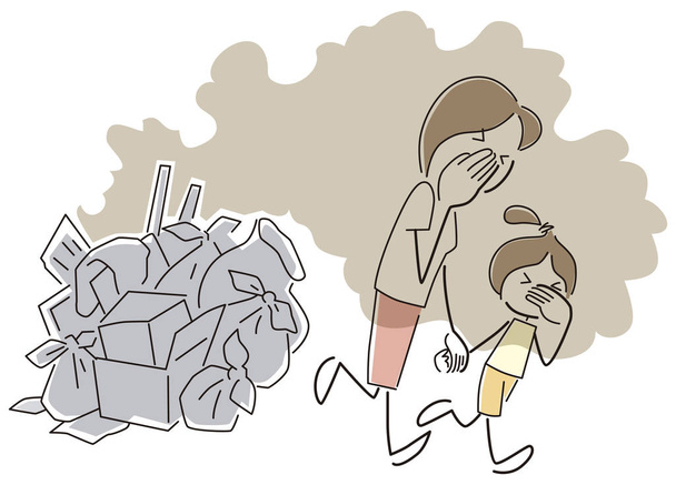 Parents and children suffering from the smell of garbage - Vector, Image
