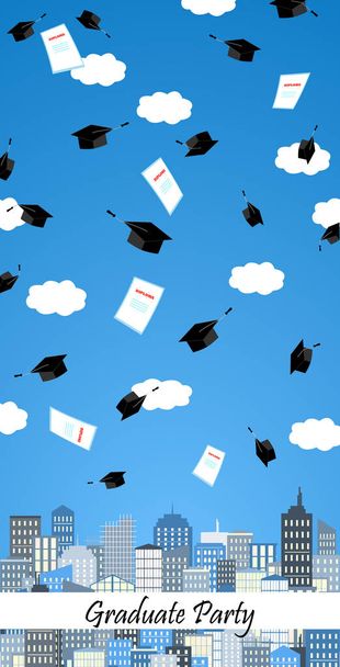 Sombreros de graduación en el aire por encima de la ciudad. Banner de ceremonia de graduación. Tarjeta vectorial
. - Vector, imagen