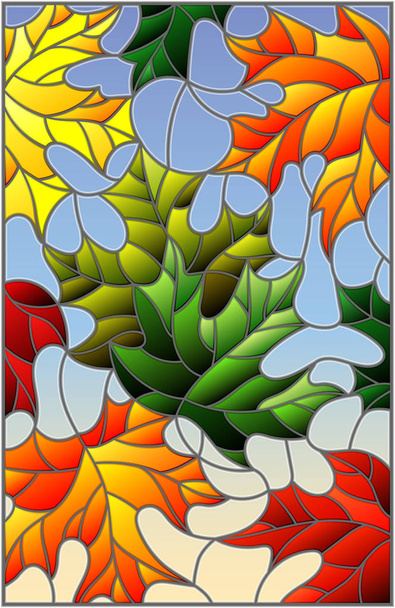 Illustration in stained glass style with colorful maple  leaves on blue background  - Vector, Image