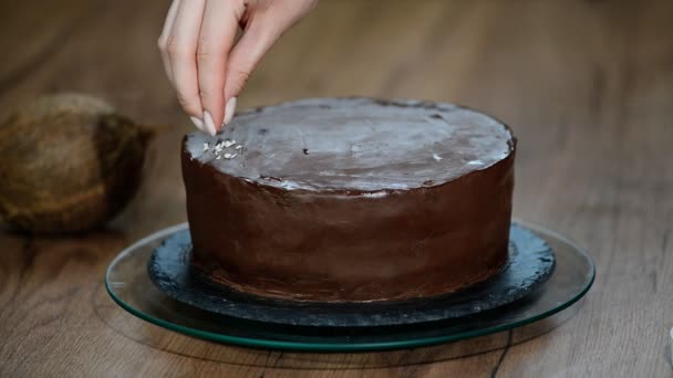 Zdobí čokoládový dort s kokosovým vločky - Záběry, video