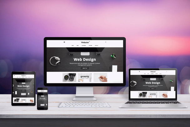 Responsive web site design presentation on computer, laptop, tablet and smart phone display. - Photo, Image