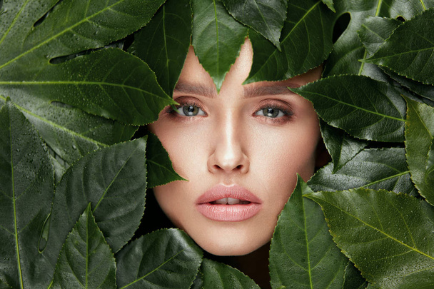 Natural Beauty. Beautiful Woman Face In Green Leaves. - Photo, Image
