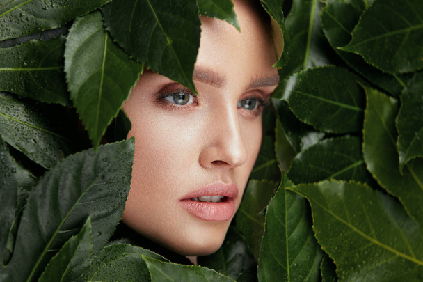 Πρόσωπο ομορφιάς γυναίκα με πράσινα φύλλα γύρω από το πρόσωπό - Φωτογραφία, εικόνα