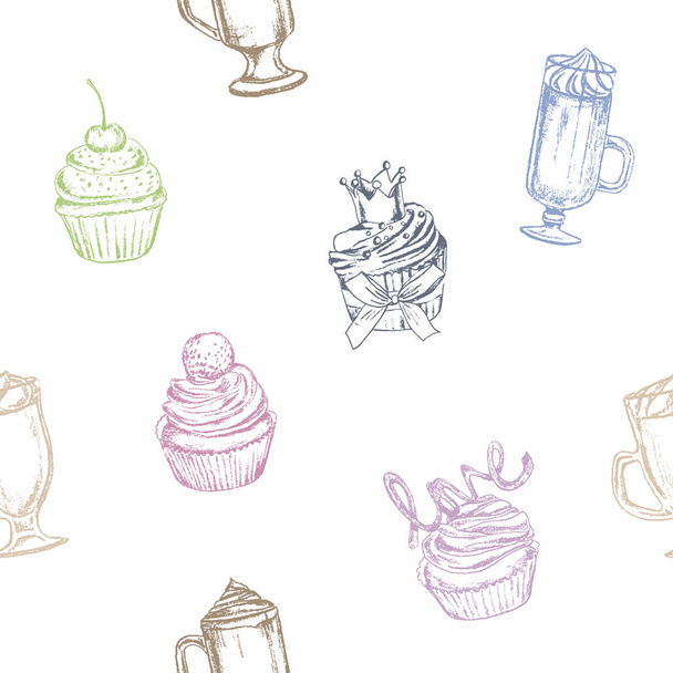 Vector illustration. Coffee cup and cakes seamless patter. Chalk style vector. - Vector, Image