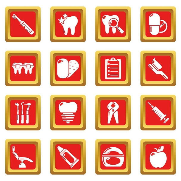 Stomatology dental icons set red square vector - Vector, imagen